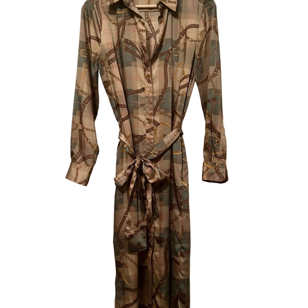 Lauren Ralph Lauren Shadny Check Chain Print Tan Brown Shirt Dress XS (2)